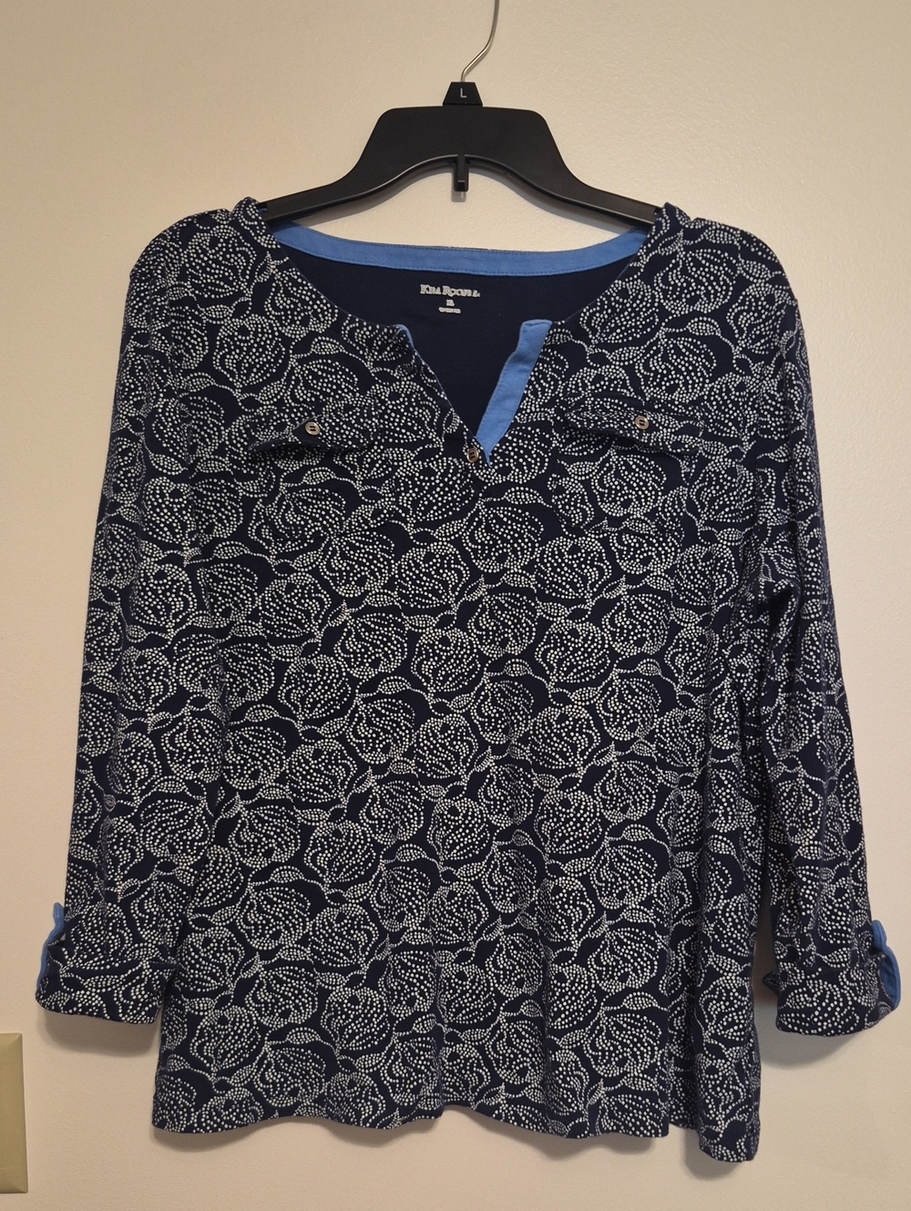 Kim Rogers Womens Navy and White Floral-Print V-Neck Top SZ XL